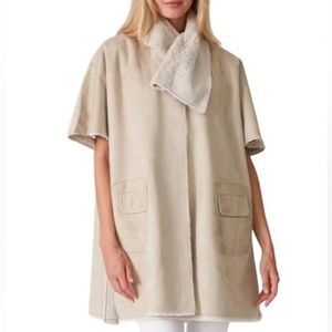 Women's oatmeal Knitted Suede Removable Faux Fur Accent Cape Coat